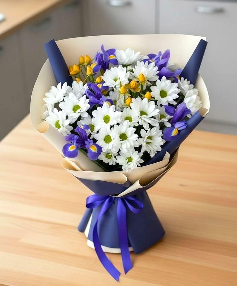Букет цветов из: Розы, Ирисы и Хризантемы в Кременкуль
