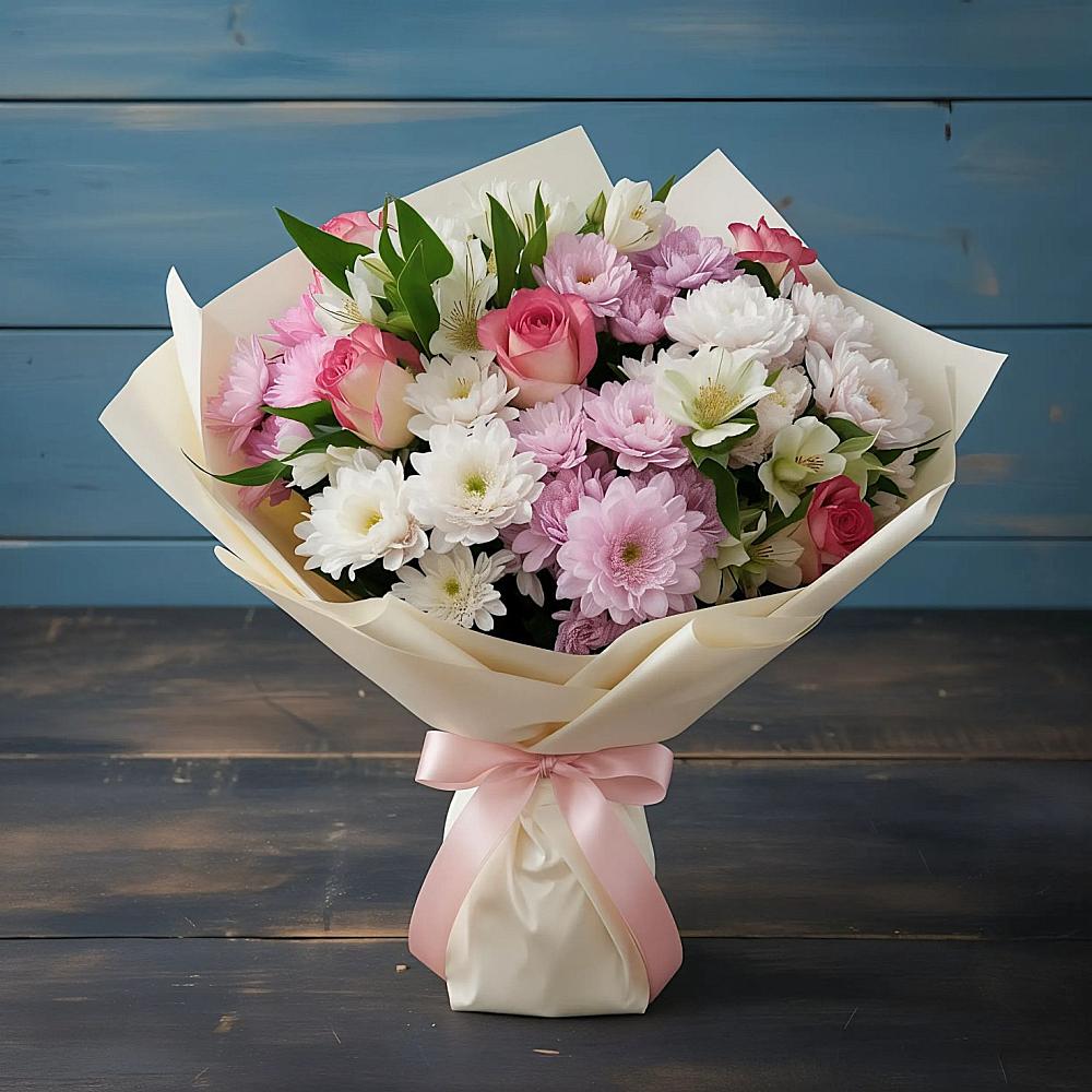 Букет цветов из: Хризантемы, Альстромерии и Розы в Кременкуль